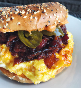 Bacon Jam, Egg & Cheese Bagel Sandwich with Pickle Jalapeños Bacon Jam, Egg & Cheese Bagel Sandwich with Pickle Jalapeños