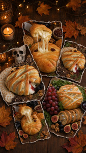 Halloween Baked Brie En Croûte Mummy with Pumpkin or Ghost Bamboo Serving Tray - Cranberry, Orange & Pecans, Serves 6 - 8