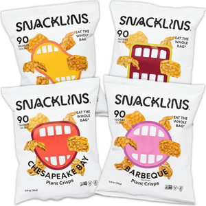 SNACKLINS Plant Based Crisps 4 Flavor Variety - Nacho, BBQ, Teriyaki, Chesapeake Bay - Gluten Free, Grain Free, 100% Kosher, Vegan Healthy Snacks, No Added Sugar Crunchy Puffed Snack Only 90 Calories Per Bag - Pack of 12