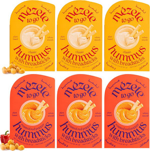 Mezete Customer Favorite Hummus  Dip Pack with Breadsticks | All Natural | On the Go | Plant Based | Preservative-Free - Pack of 6