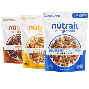 NuTrail Nut Granola Cereal Variety Pack - Blueberry Cinnamon, Honey Nut, Chocolate - No Sugar Added, Keto, Low Carb, Gluten Free, Grain Free - Pack of 3