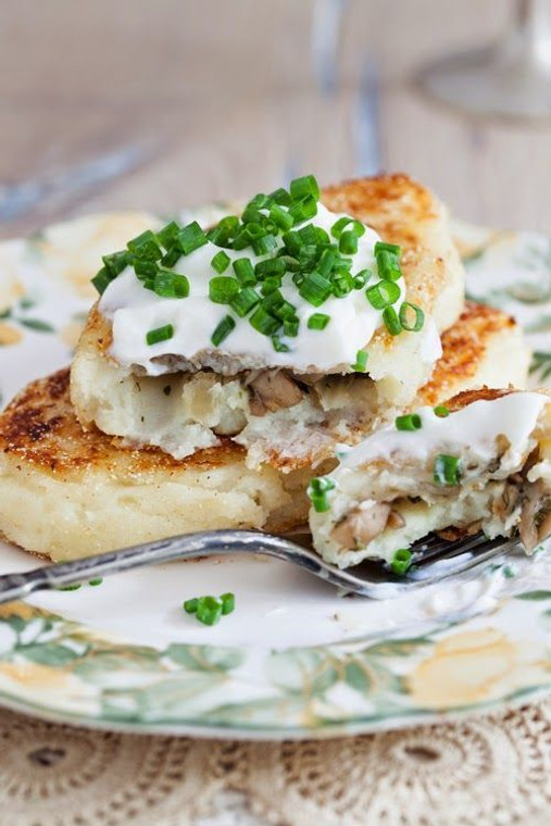 Potato Cakes Stuffed with Mushrooms, Onions & Chives