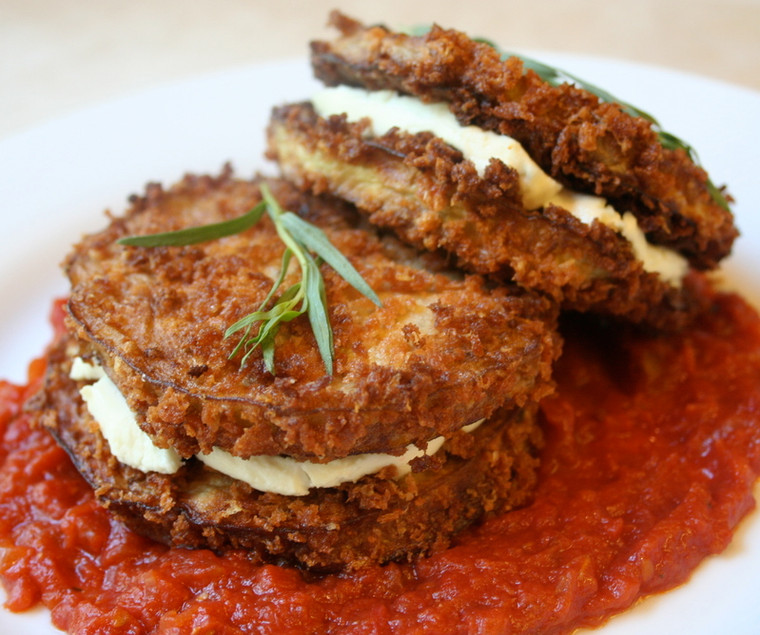 Eggplant and Goat Cheese Stacks with Tomato Tarragon Sauce