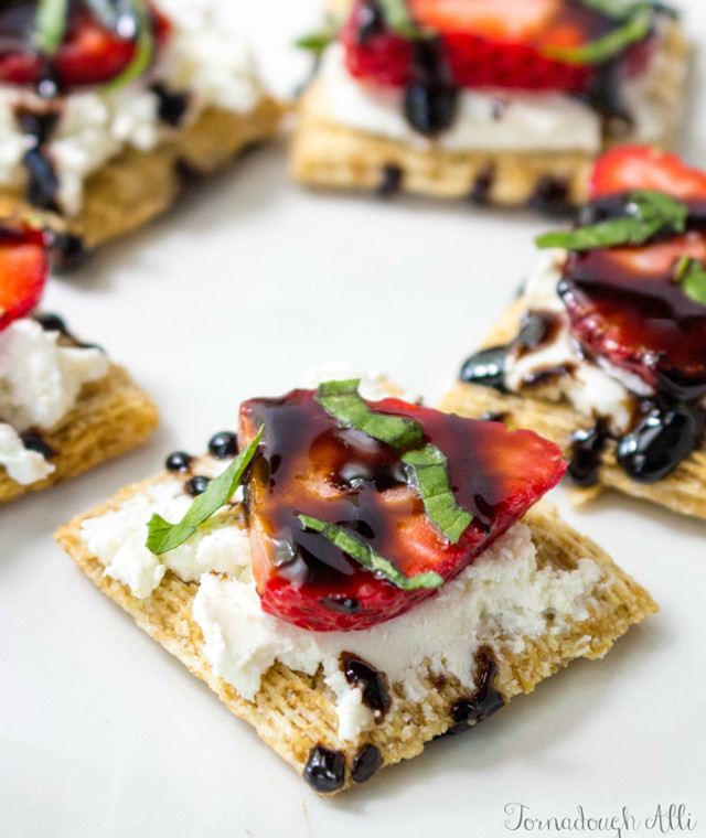 Fresh Strawberry Over Goat Cheese Triscuit Bites