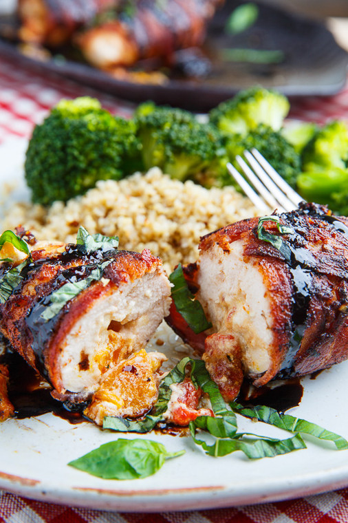 Bacon Wrapped Roasted Red Pepper and Goat Cheese Stuffed Chicken with Balsamic Drizzle and Basil