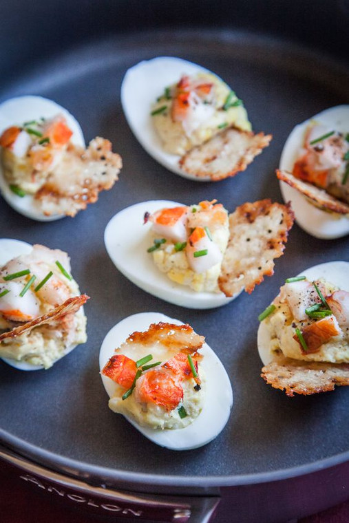 Lobster & Chives Deviled Eggs with Truffle Salt & Parmesan Crisp