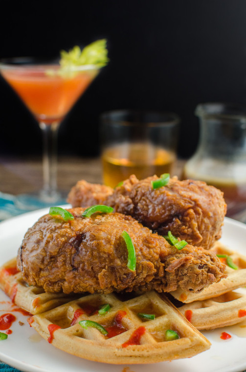 BLOODY MARY INFUSED FRIED CHICKEN AND WAFFLES