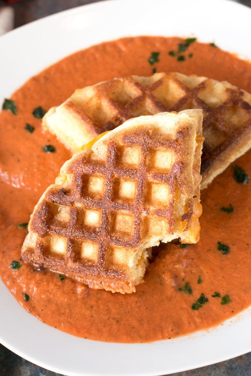 Cornbread Waffle Grilled Cheese Sandwich with Tomato Basil Soup