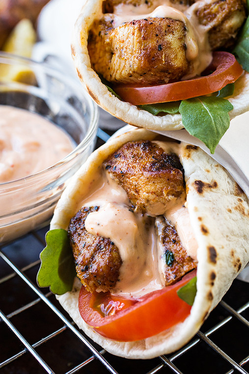 Grilled Lemon Chicken Flatbread Wraps with Spicy Garlic Sauce