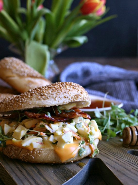 Loaded Egg Salad Bagel with Honey Roasted Bacon