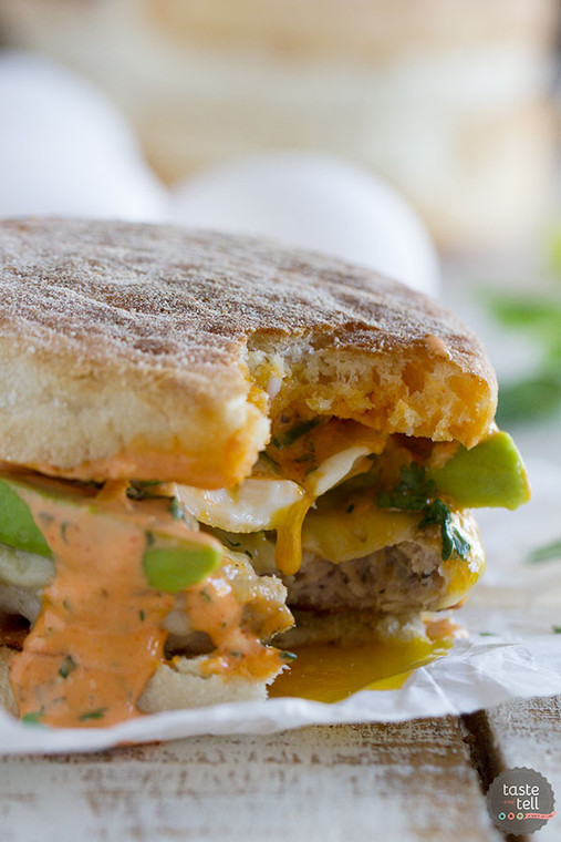 Sausage and Egg Breakfast Sandwich Recipe with Sriracha Cilantro Mayonnaise