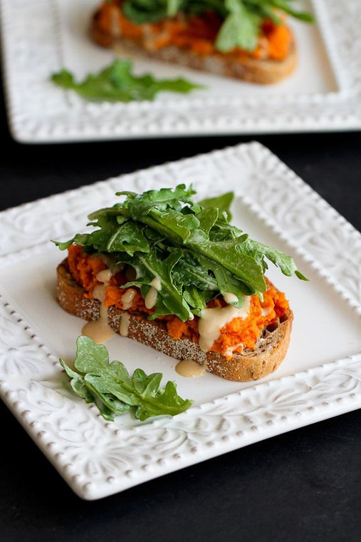 Sweet Potato Toast with Tahini Arugula