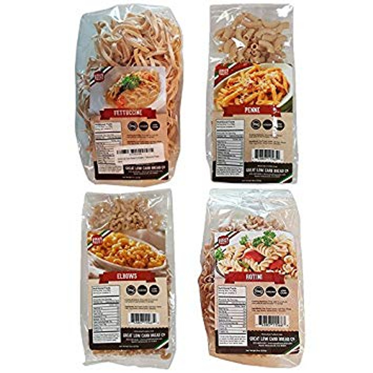 Great Low Carb Pasta Variety Pack - includes 4 - Fettuccine, Rotini, Penne, and Elbows