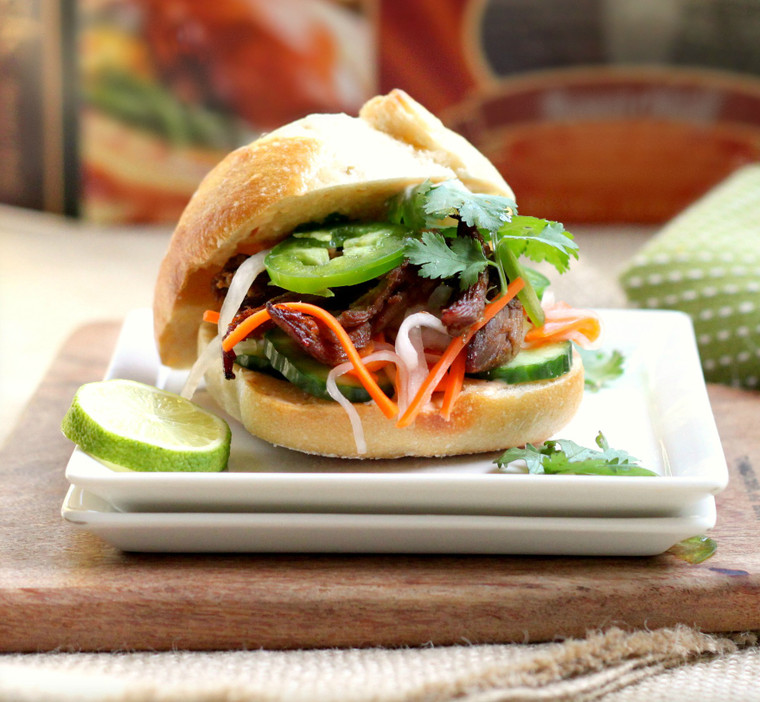 Crispy Duck Banh Mi Sliders with Pickled Carrot Radish Slaw and Spicy Aioli