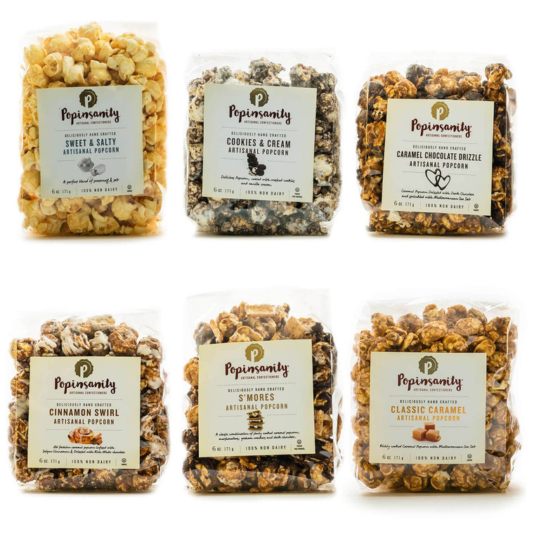 Popinsanity Gourmet Popcorn Sampler - 6 Top Flavors x 6 medium