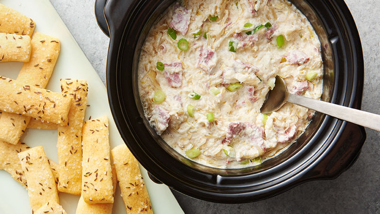 Slow Cooker Corned Beef Gruyère Dip with Caraway Flatbreads