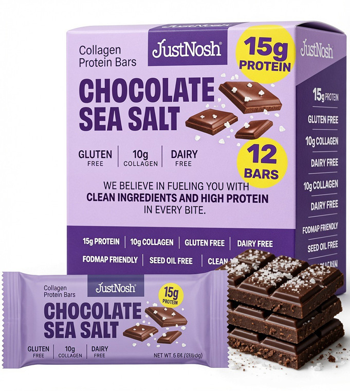 JustNosh Chocolate Sea Salt Collagen Protein Bars - 15g Protein • 10g Collagen • Gluten-Free • Dairy-Free • Low FODMAP • Seed Oil Free - 12-Pack