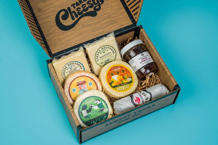 Cheese Bros. Wisconsin Charcuterie Gift Box - Dill Havarti, Fratello, Smoked Gouda, Adelheid, 8 Year Aged Cheddar, Salami and Jam
