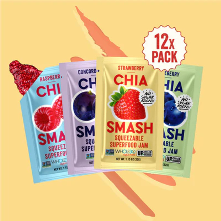 Chia Smash Superfood Jam Squeeze Packets Variety 12-Pack | 1.15oz Each | Strawberry, Blueberry, Raspberry & Concord Grape | Spread, Top, Squeeze & Snack | Whole 30, Keto,
