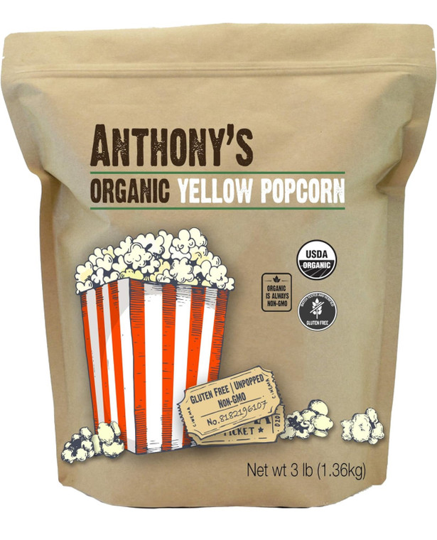 Anthony's Organic Yellow Popcorn Kernels, 3 lb, UnPopped, Gluten Free, Non GMO - 3 lb