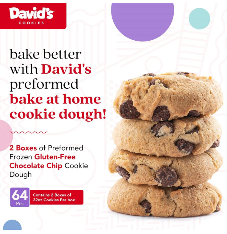 David's Cookies Preformed Frozen Cookie Dough - Gluten Free - Chocolate Chip - includes 64