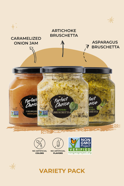 Perfect Choice Variety Pack with Delicious Artichoke Bruschetta, Green Asparagus Bruschetta & Caramelized Onion - Pack of 3