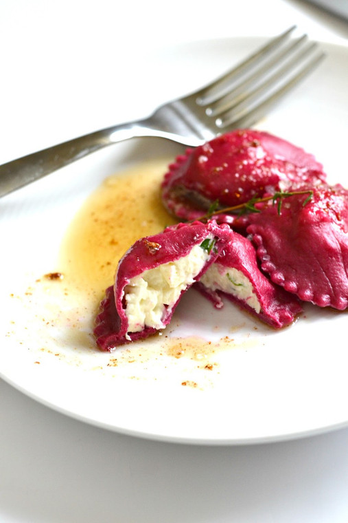 Roasted Beet Ravioli with Goat Cheese and Herbs