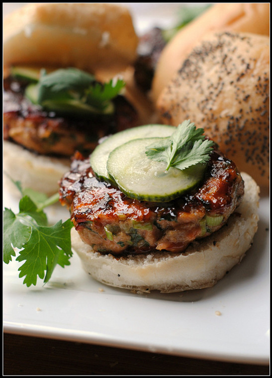 Hoisin Glazed Salmon Burgers with Pickled Cucumber