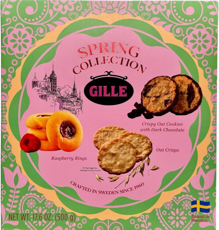 Gille Spring Collection Crispy Oat Cookies with Dark Chocolate, Raspberry Rings, Oat Crisps, Baked in Sweden