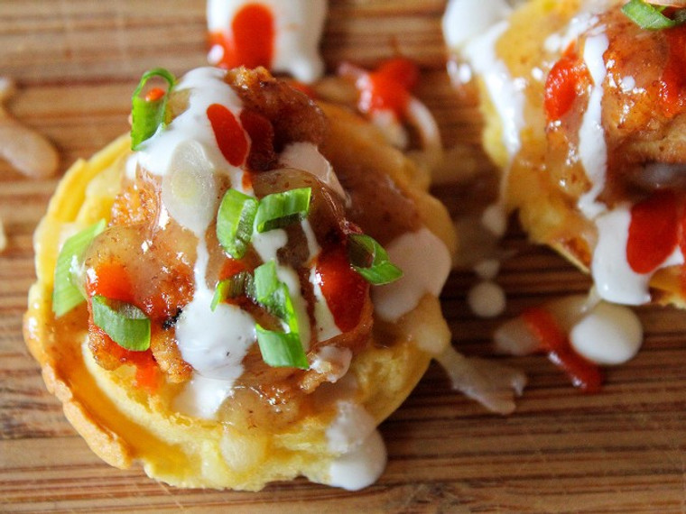 Chicken and Waffle Nachos with Maple Mustard Syrup and Sriracha