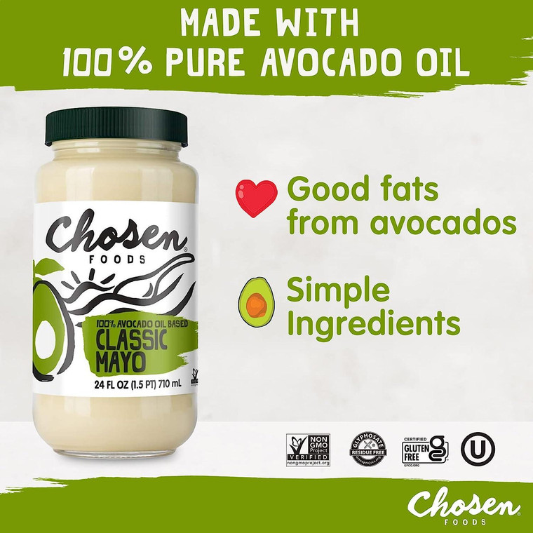 Chosen Foods 100% Avocado Oil-Based Classic Mayonnaise, 24 floz, Gluten & Dairy Free, Low-Carb, Keto Diet Friendly, Mayo for Sandwiches, Dressings and Sauces, Made with Cage Free Eggs