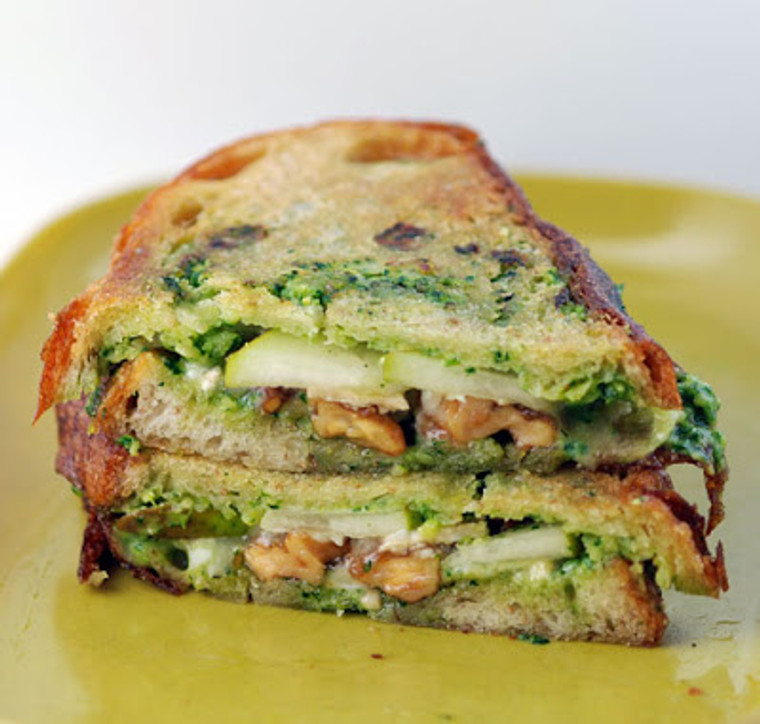 Anjou Pear, Caramelized Walnuts and Arugula Pesto Mayo Panini