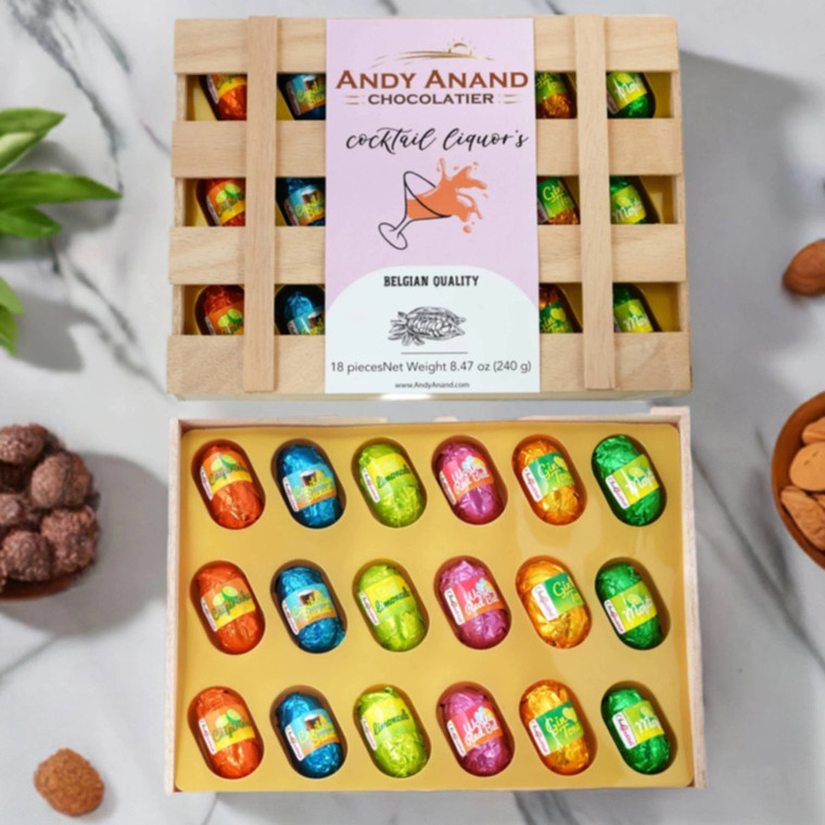 Andy Anand European Cocktail Flavored Vegan Dark Chocolate Bottles, Assortment Of Premium Selection, Mojito, Caribbean Sunset, Limoncello, Gin Tonic, Vodka Redbull - 18 Pieces