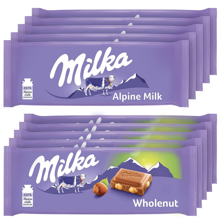 Milka European Chocolate Bars Variety Pack, Alpine Milk Chocolate & Wholenut Hazelnut Chocolate, 3.52 oz - 10 Bars Milka European Chocolate Bars Variety Pack, Alpine Milk Chocolate & Wholenut Hazelnut Chocolate, 3.52 oz - 10 Bars