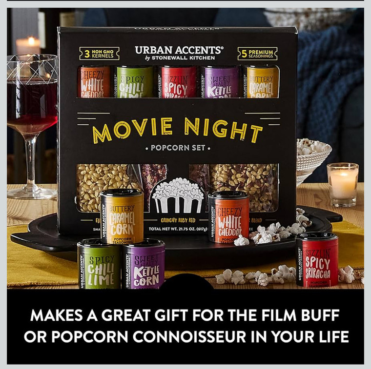 Urban Accents Movie Night Popcorn Gift Set – Includes 3 Gourmet Popcorn Kernel Varieties & 5 Flavorful Seasonings – Perfect Snack Gift Box for Parties, Holidays, or Movie Lovers Urban Accents Movie Night Popcorn Gift Set – Includes 3 Gourmet Popcorn Kernel Varieties & 5 Flavorful Seasonings – Perfect Snack Gift Box for Parties, Holidays, or Movie Lovers