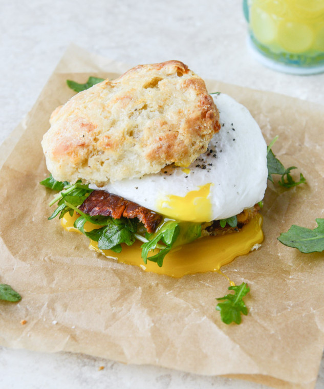 Havarti Breakfast Biscuit Sandwiches with Jalapeño, Bacon and Arugula