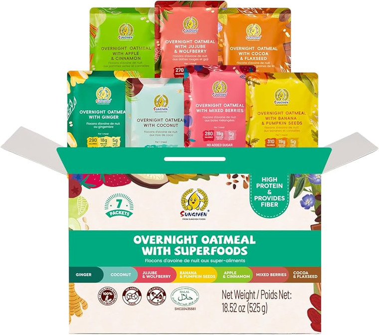 SUNGIVEN High Protein Overnight Oats Variety Pack - 7 Flavors Low Sugar High Fiber Instant Oatmeal Health Breakfast Snacks for Gym Office School Trip Kids with Superfoods, 18.5 oz - Pack of 7