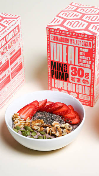 Kreatures of Habit Overnight & Instant Superfood | Gluten Free, Dairy Free, 30g of Plant Based Protein, With No Added Sugar | Strawberry Walnut Cream - Pack of 7