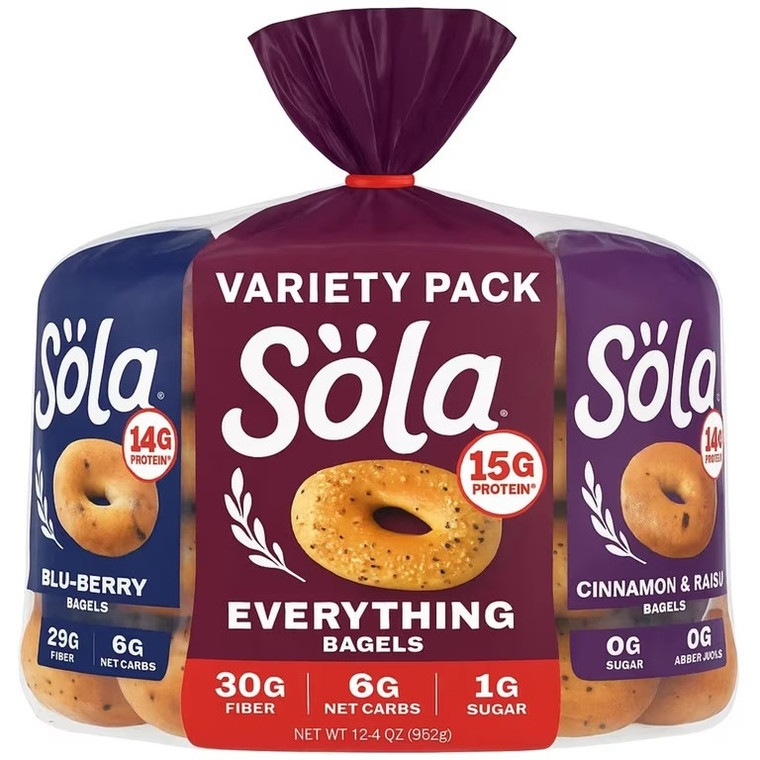 SOLA Low Carb Bagels Bestsellers Pack of 3 - (Blueberry + Everything + Cinnamon Raisin)