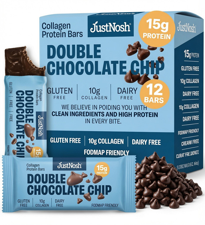 JustNosh Double Chocolate Chip Collagen Protein Bars - 15g Protein • 10g Collagen • Gluten-Free • Dairy-Free • Low FODMAP • Seed Oil Free - 12-Pack