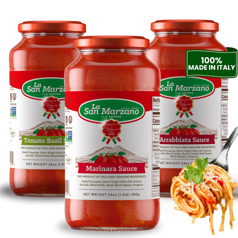 La San Marzano Italian Variety Pack - Tomato Basil • Arrabbiata • Marinara, Three 24 oz jars | Made in Italy