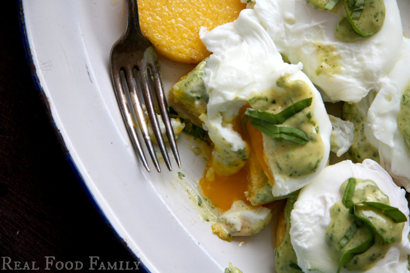 Gluten Free Eggs Benedict on Polenta Cakes with Pesto Hollandaise