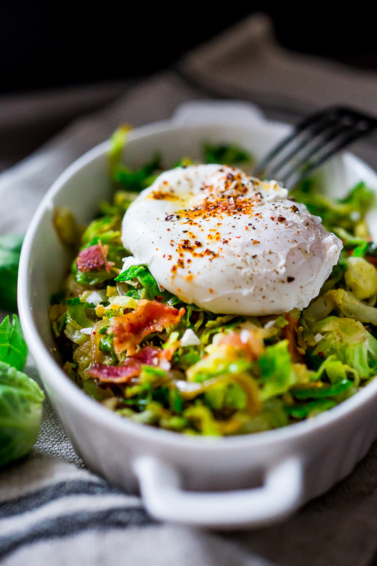 Brussel Sprout hash with Bacon and Soft Poached Eggs