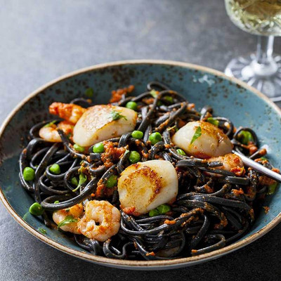 Squid Ink Pasta with Octopus and Spicy Tomato Sauce - Tiffani Thiessen