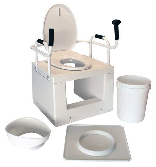 Includes TLFE002 (wide handle model), floor tray, waste bucket, splash guard, toilet seat, and waste bucket liners.