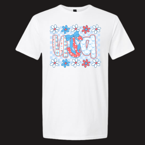 USA WITH DAISIES AND CHECKERED BACKGROUND