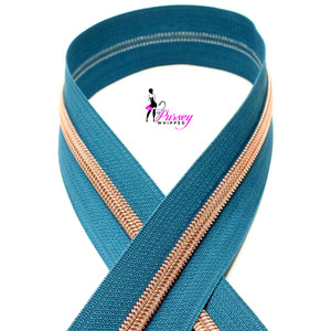 Zipper by the Yard - Teal - Rose Gold Teeth - Number 5 Nylon Zipper by the Yard - Teal - Rose Gold Teeth - Number 5 Nylon