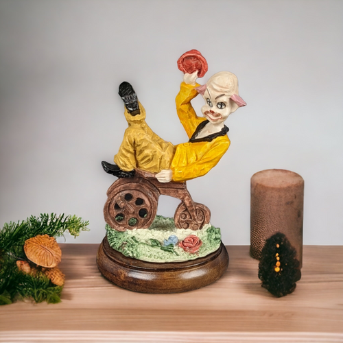 Vintage Davar Resin Clown on Bike Figurine on Wood Base