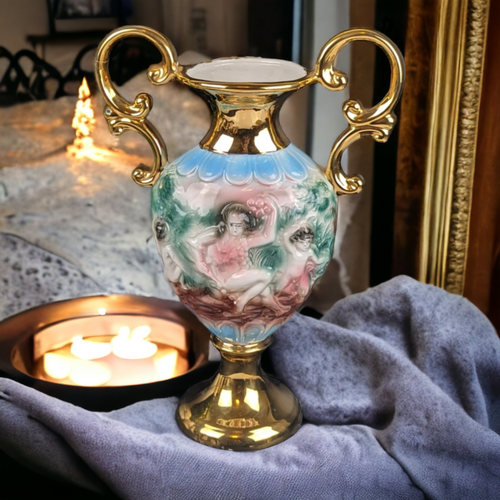 Vintage Cherub Gold Handled Italian Vase (11 1/2")
