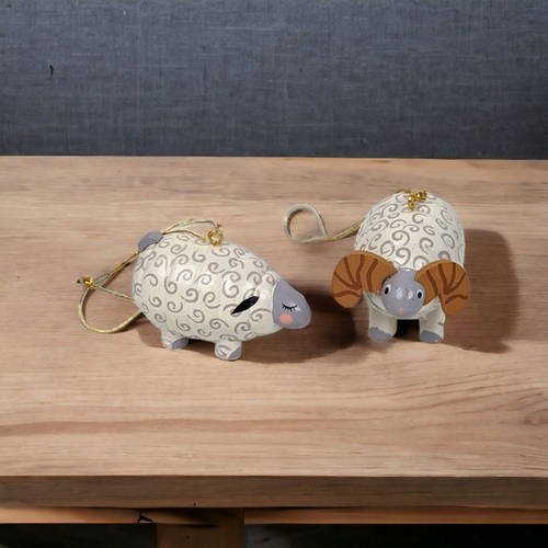 Vintage Wooden Sheep & Ram Ornament Set